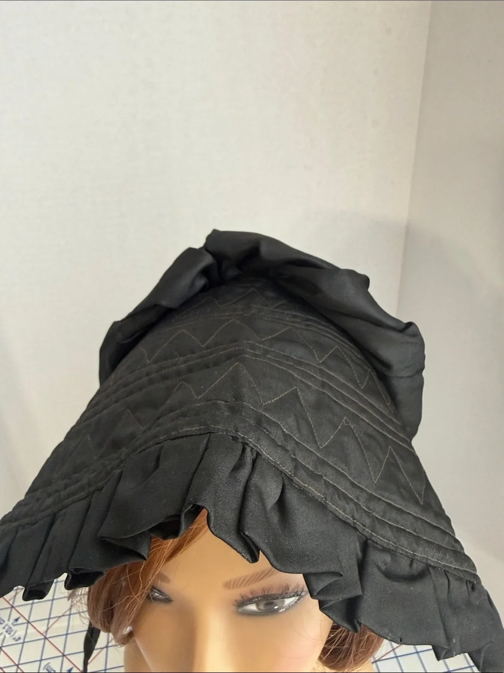 Vintage 1940s Black Satin Bonnet Quilted Ruffle Prairie Victorian Style Costume